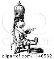 Clipart Of A Retro Vintage Black And White Crazy King Pointing Royalty Free Vector Illustration
