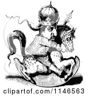Poster, Art Print Of Retro Vintage Black And White Crazy King Riding A Rocking Horse