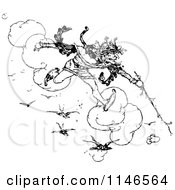 Clipart Of A Retro Vintage Black And White Crazy King Running On Clouds Royalty Free Vector Illustration