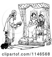 Clipart Of A Retro Vintage Black And White King Giving A Boy His Crown As He Sits By A Queen Royalty Free Vector Illustration