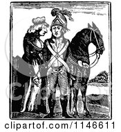 Clipart Of A Retro Vintage Black And White Woman Soldier And Horse Royalty Free Vector Illustration