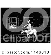 Clipart Of A Retro Vintage Black And White Man Riding A Donkey Through Town Royalty Free Vector Illustration