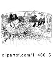 Clipart Of A Retro Vintage Black And White Soldier Boy Watching People Run Royalty Free Vector Illustration