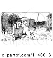 Clipart Of A Retro Vintage Black And White Soldier In A Flooded Village Royalty Free Vector Illustration