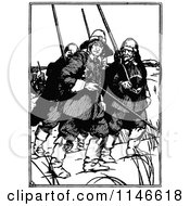 Clipart Of Retro Vintage Black And White Walking Soldiers Royalty Free Vector Illustration