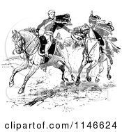 Clipart Of Retro Vintage Black And White Soldiers On Horseback Royalty Free Vector Illustration