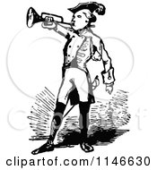 Clipart Of A Retro Vintage Black And White Soldier Blowing A Trumpet Royalty Free Vector Illustration