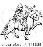 Clipart Of A Retro Vintage Black And White Horseback Warrior And Bird Royalty Free Vector Illustration