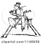 Clipart Of A Retro Vintage Black And White Soldier On A Wooden Horse Royalty Free Vector Illustration