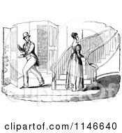 Clipart Of A Retro Vintage Black And White Man Looking At A Woman By Stairs Royalty Free Vector Illustration