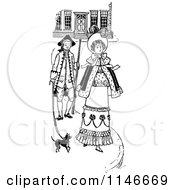 Clipart Of A Retro Vintage Black And White Couple Walking With A Dog Royalty Free Vector Illustration