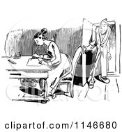 Clipart Of A Retro Vintage Black And White Man Peeking In At A Woman Writing A Letter Royalty Free Vector Illustration
