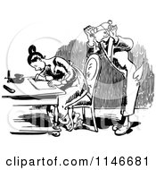 Clipart Of A Retro Vintage Black And White Man Watching Behind A Woman Writing A Letter Royalty Free Vector Illustration