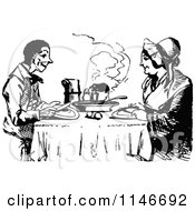 Clipart Of A Retro Vintage Black And White Happy Couple Eating A Meal Royalty Free Vector Illustration