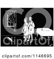 Clipart Of A Retro Vintage Black And White Couple Inside With A Cat Royalty Free Vector Illustration