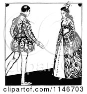 Clipart Of A Retro Vintage Black And White Couple Approaching Each Other Royalty Free Vector Illustration