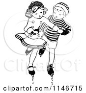 Clipart Of A Retro Vintage Black And White Boy And Girl Ice Skating Royalty Free Vector Illustration