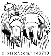 Clipart Of A Retro Vintage Black And White Rear View Of A Couple Walking In The Rain Royalty Free Vector Illustration