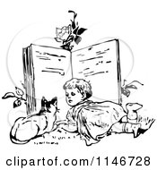 Poster, Art Print Of Retro Vintage Black And White Girl And Cat Reading A Giant Book