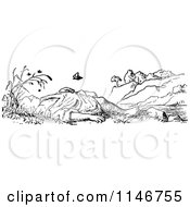 Clipart Of A Retro Vintage Black And White Boy Sleeping Outside Royalty Free Vector Illustration