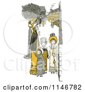 Clipart Of A Retro Vintage Mother And Children In A Village In Yellow Tones Royalty Free Vector Illustration