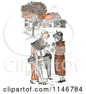 Clipart Of A Retro Vintage Mother And Children In A Village In Orange Tones Royalty Free Vector Illustration
