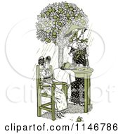 Poster, Art Print Of Retro Vintage Mother And Daughter Having Tea Outside In Green Tones