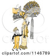 Clipart Of A Retro Vintage Mother And Son Strolling In Yellow Tones Royalty Free Vector Illustration