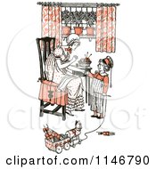 Poster, Art Print Of Retro Vintage Mother And Son Sewing And Playing In Orange Tones