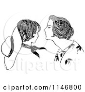 Clipart Of A Retro Vintage Black And White Mother Leaning In To Kiss Her Son Royalty Free Vector Illustration
