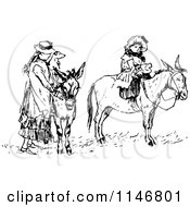 Clipart Of A Retro Vintage Black And White Mother With A Dog And Girl On Donkeys Royalty Free Vector Illustration