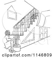 Poster, Art Print Of Retro Vintage Black And White Woman Sitting At The Bottom Of Stairs At A Child