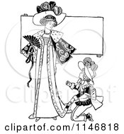 Clipart Of A Retro Vintage Black And White Mother And Kneeling Son Under A Sign Royalty Free Vector Illustration