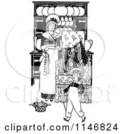 Clipart Of A Retro Vintage Black And White Mother And Son At Home Royalty Free Vector Illustration