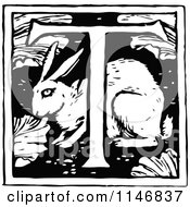 Poster, Art Print Of Retro Vintage Black And White Alphabet Letter T With A Rabbit