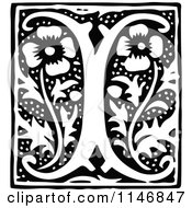 Poster, Art Print Of Retro Vintage Black And White Alphabet Letter I Floral Design