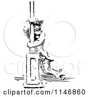 Clipart Of A Retro Vintage Black And White Vagrant Man Hugging A Pole Royalty Free Vector Illustration