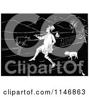 Clipart Of A Retro Vintage Black And White Man Trekking With A Dog Through A Farm Royalty Free Vector Illustration