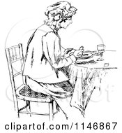 Clipart Of A Retro Vintage Black And White Lady Eating At A Table Royalty Free Vector Illustration