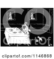 Poster, Art Print Of Retro Vintage Black And White Dog Eating Near A Queen Served Bread And Honey