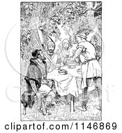 Clipart Of Retro Vintage Black And White Forest Men Eating In The Woods Royalty Free Vector Illustration