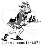 Clipart Of A Retro Vintage Black And White King Carrying A Tray Royalty Free Vector Illustration