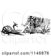 Clipart Of Retro Vintage Black And White Men Afraid Of A Giant Snail Royalty Free Vector Illustration