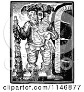 Clipart Of A Retro Vintage Black And White Three Headed Giant Holding A Man Royalty Free Vector Illustration