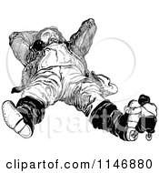 Clipart Of A Retro Vintage Black And White Boy Hugging A Giants Foot Royalty Free Vector Illustration