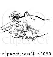 Clipart Of A Retro Vintage Black And White Hand Holding A Tiny Woman Royalty Free Vector Illustration