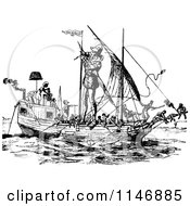 Clipart Of A Retro Vintage Black And White Giant And Sailors On A Ship Royalty Free Vector Illustration by Prawny Vintage