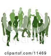 Poster, Art Print Of Green Group Of Silhouetted People Hanging Out In A Crowd Two Friends Hugging