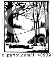 Poster, Art Print Of Retro Vintage Silhouetted Man In A Tree Over A Bear And Attacked Man