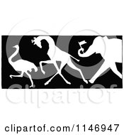 Poster, Art Print Of Retro Vintage Silhouetted Border Of An Ostrich Giraffe And Elephant With A Flag